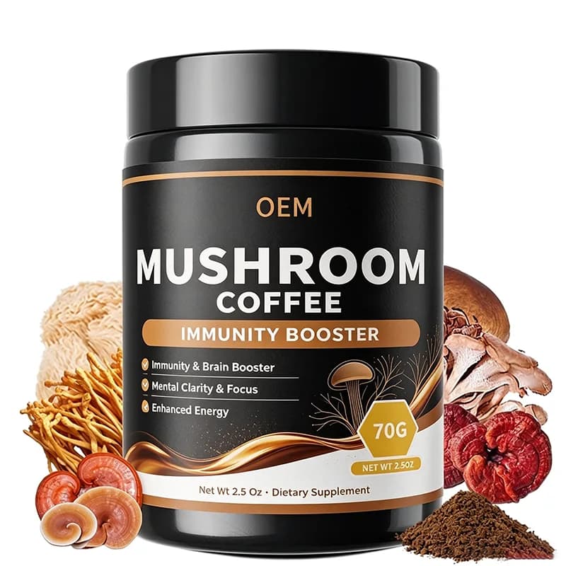Mushroom Coffee Immunity Booster 70g Net Wt 2.5oz OEM Supplement for Mental Clarity Focus and Enhanced Energy
