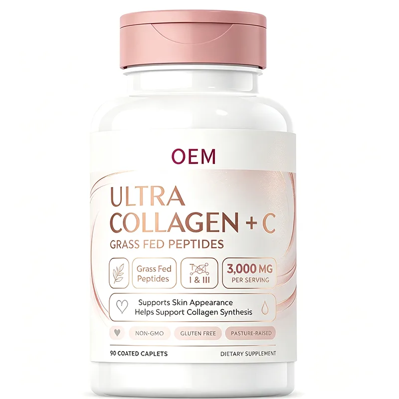 Ultra Collagen Plus C 3000mg Grass Fed Peptides Types I and III 90 Coated Caplets Non GMO Gluten Free Pasture Raised