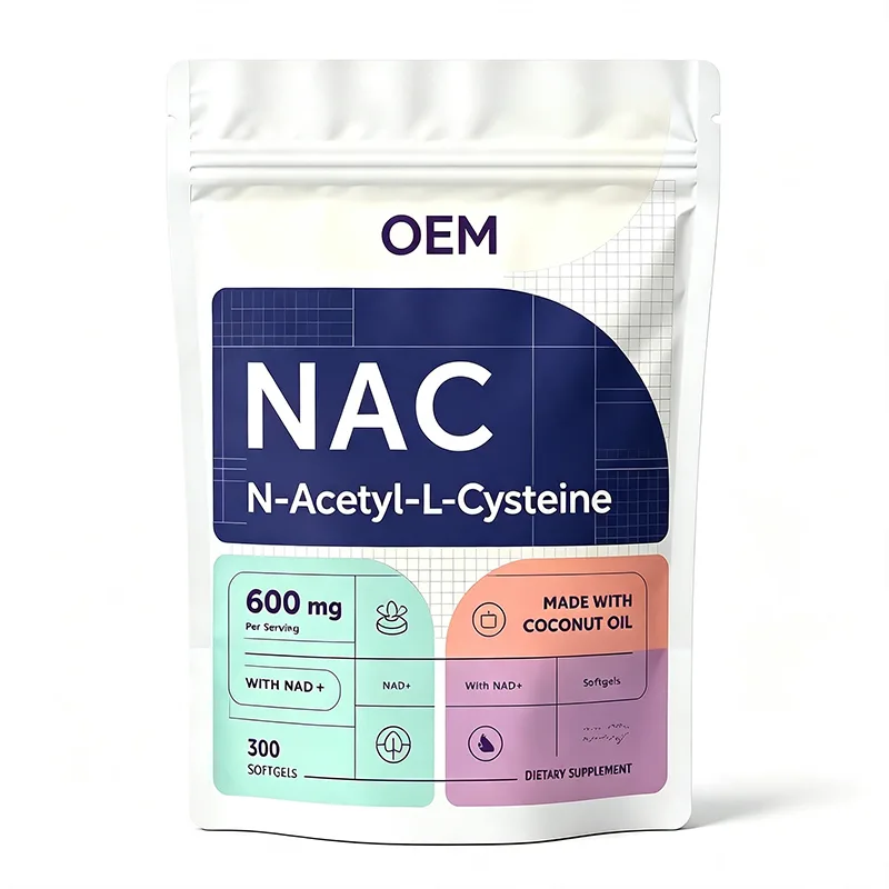 OEM NAC NAD+ Softgels 600mg Per Serving 300 Counts Stand up Pouch With Coconut Oil Private Label Supplement